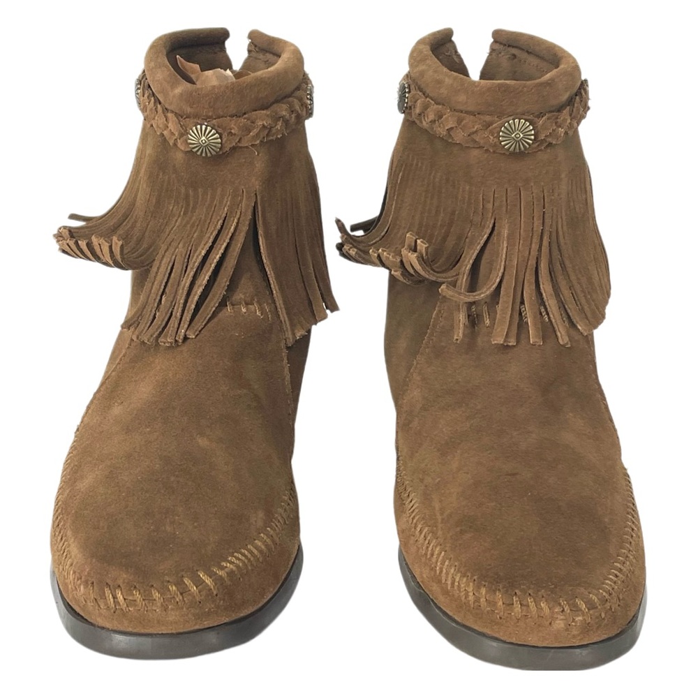 Minnetonka Brown Concho Suede Fringe Braid Ornamented Boots Size 8.5 Boho - Picture 4 of 16